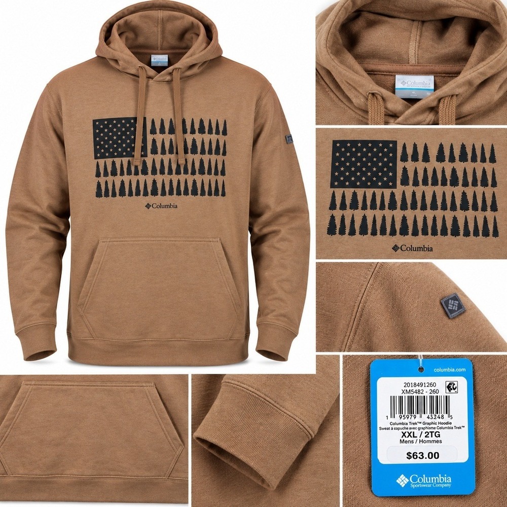 Columbia Trek Graphic Hoodie Men XXL Brown Regular Fit Pine Tree Flag XM5482-260